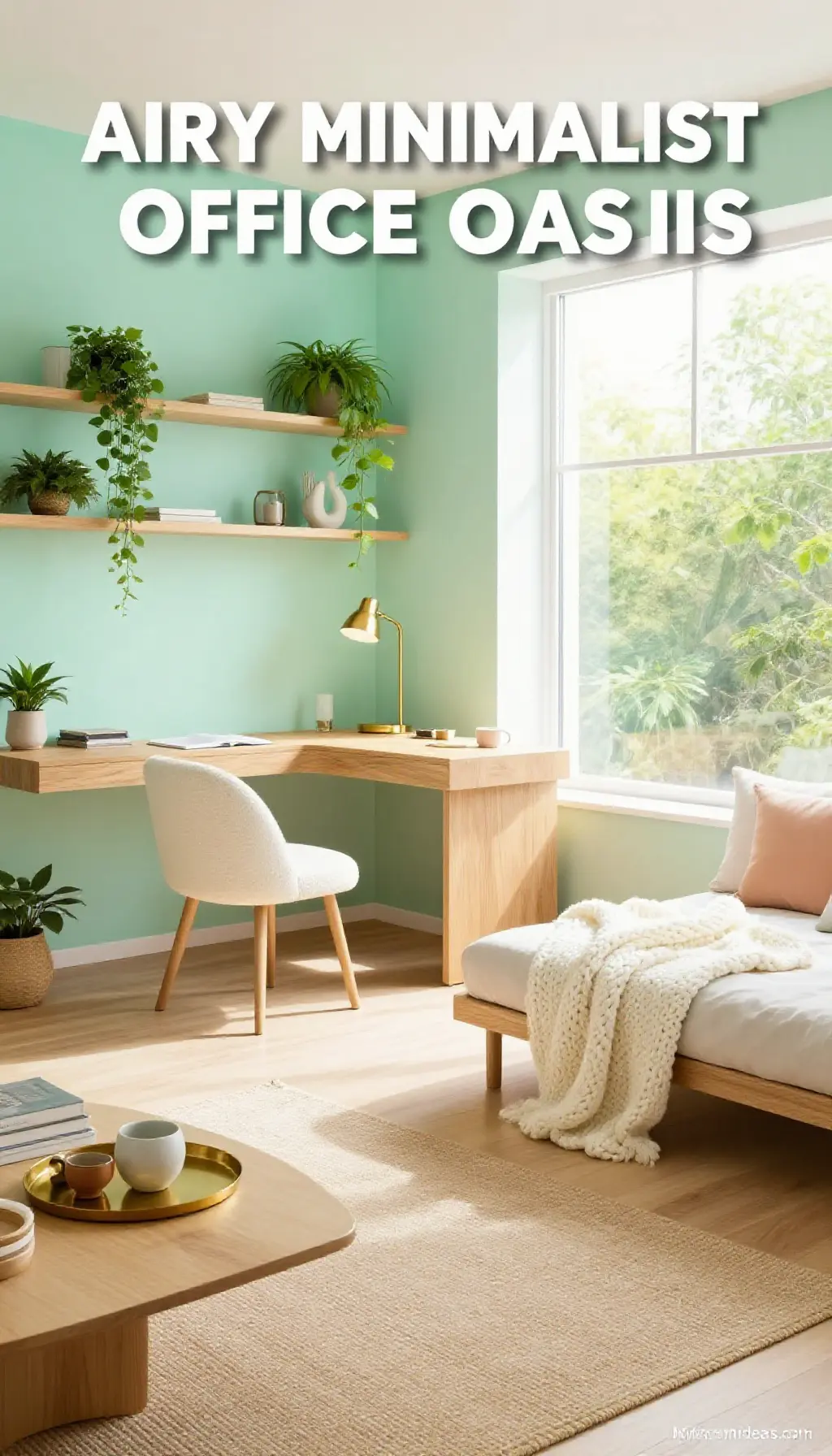 Airy Minimalist Home Office Oasis with Bouclé & Brass Accents