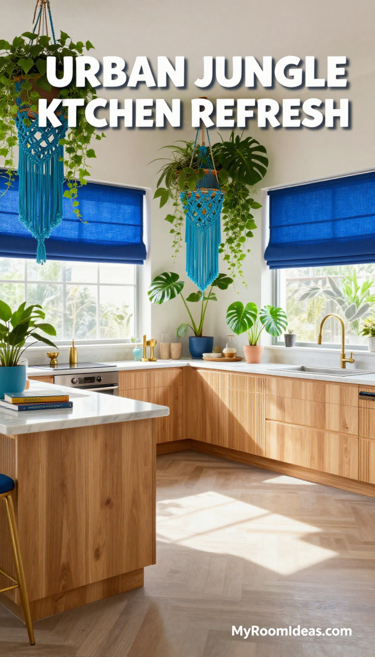 Airy Urban Jungle Studio Kitchen Refresh with Ocean Blue Macramé & Slatted Wood