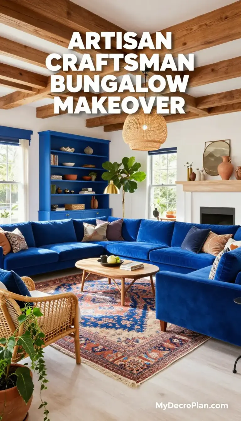 Artisan Craftsman Bungalow Living Room Makeover: Boho Rattan & Vintage Rug Escape