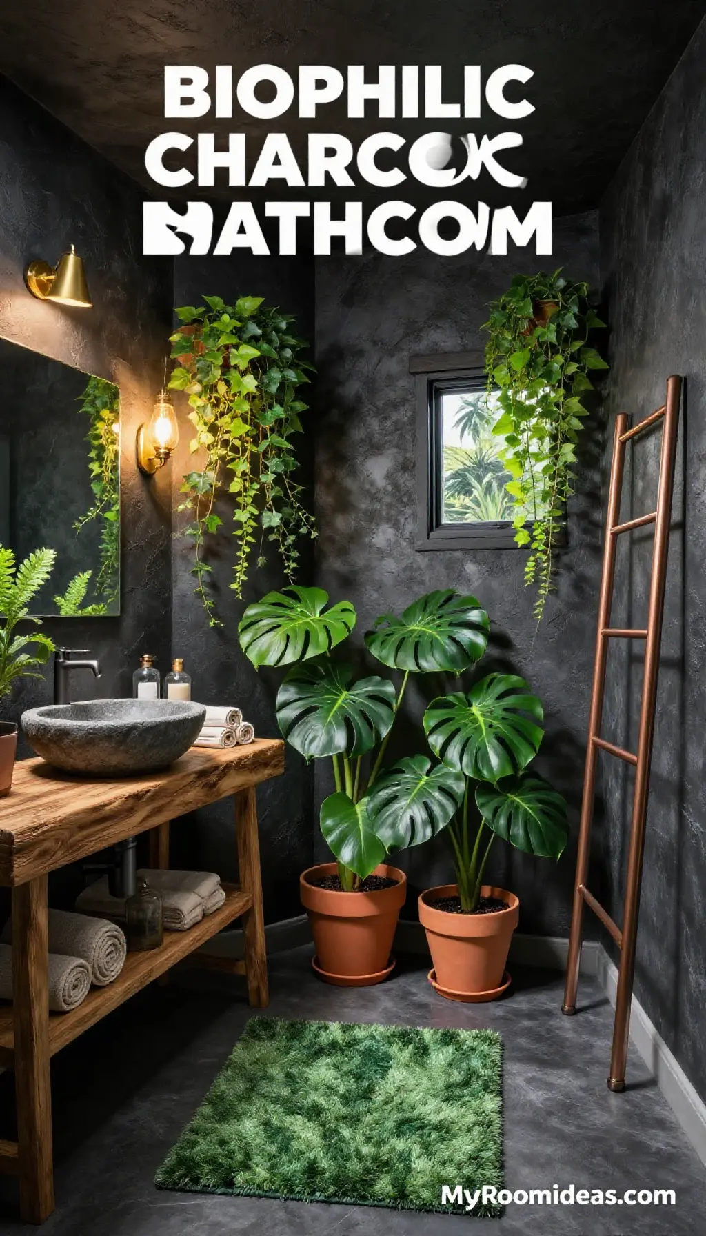 Biophilic Oasis in a Charcoal Mobile Home Bathroom - Thrifted Finds & Plaster Walls