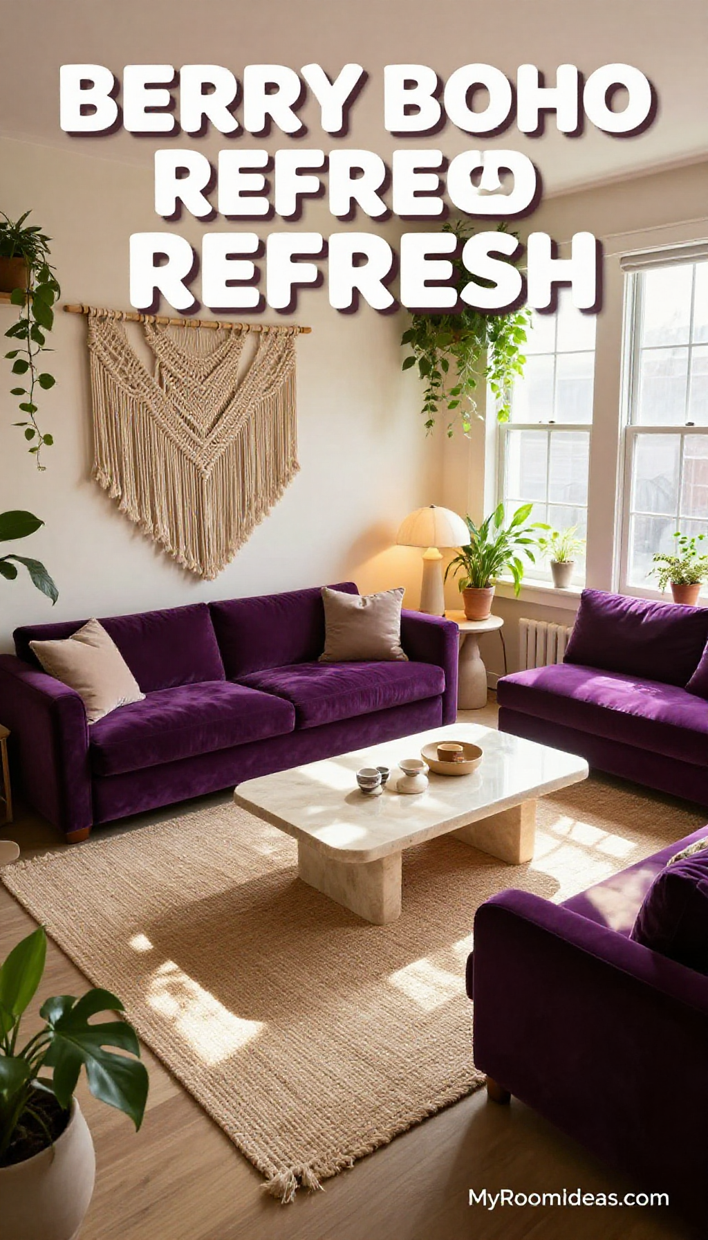 Bohemian Chic Studio Apartment Living Room Refresh - Soapstone Coffee Table & Jute Macrame Wall Hanging