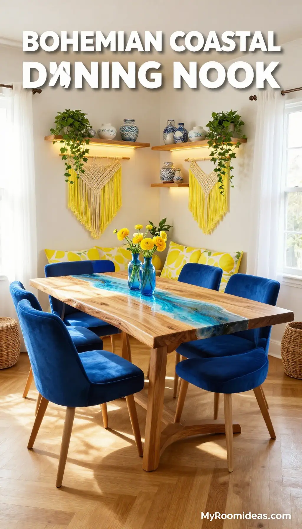 Bohemian Coastal Grandmother Dining Nook with Resin & Wood Accents