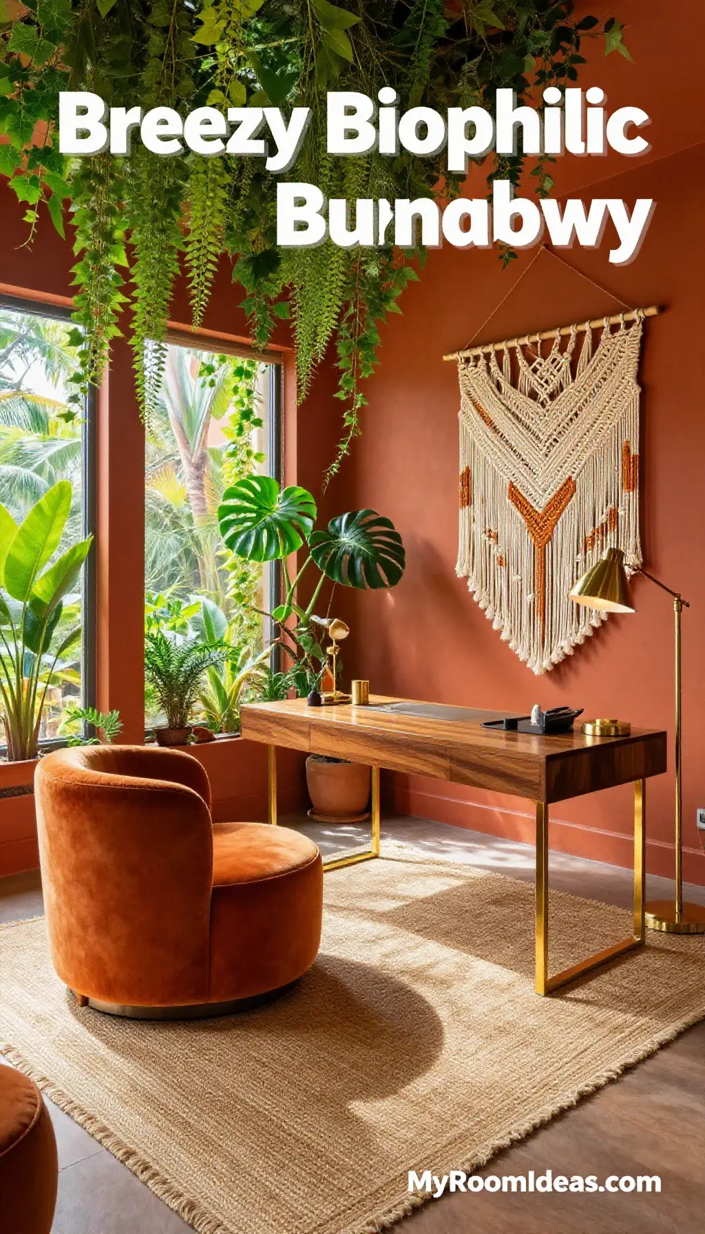 Breezy Biophilic Bungalow Home Office - Luxury Chenille & Brass Accents