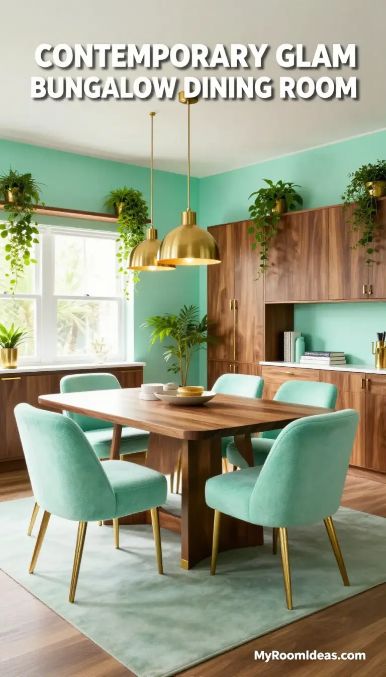Bungalow Dining Room Exudes Contemporary Glam with Mint Bouclé & Brass Accents