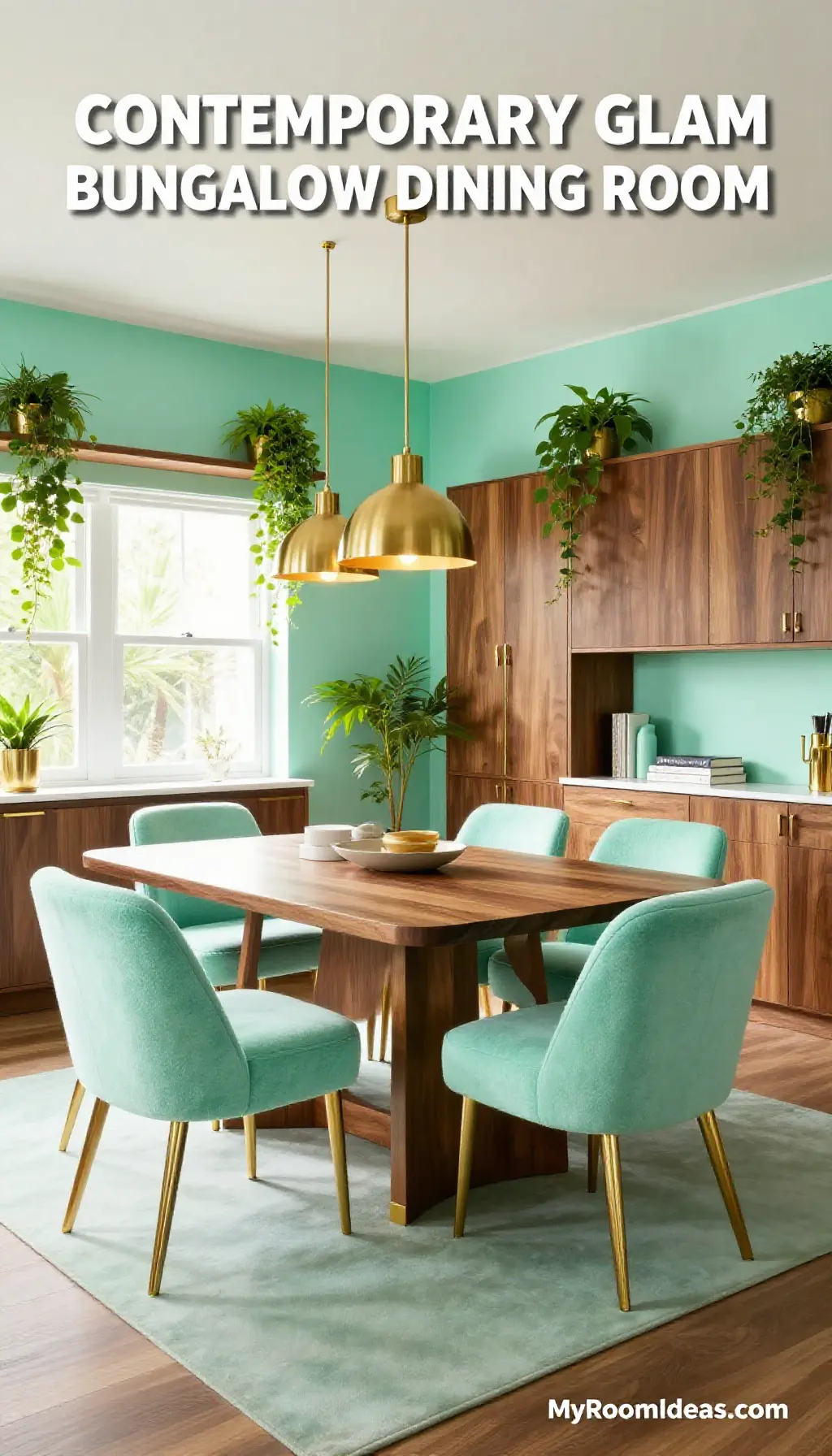 Bungalow Dining Room Exudes Contemporary Glam with Mint Bouclé & Brass Accents