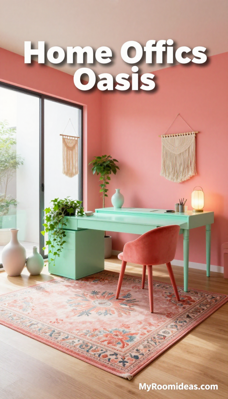 Bungalow Home Office Oasis: Coral & Mint Minimalist Zen Sanctuary