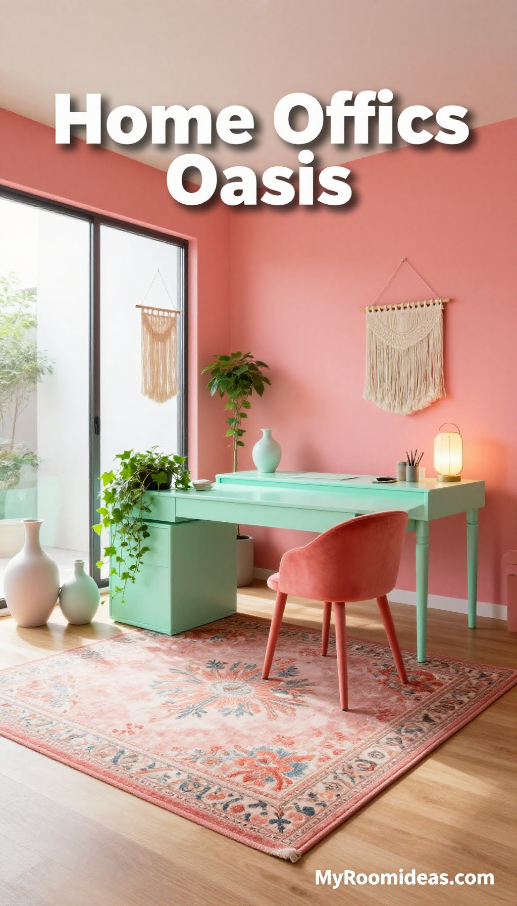 Bungalow Home Office Oasis: Coral & Mint Minimalist Zen Sanctuary