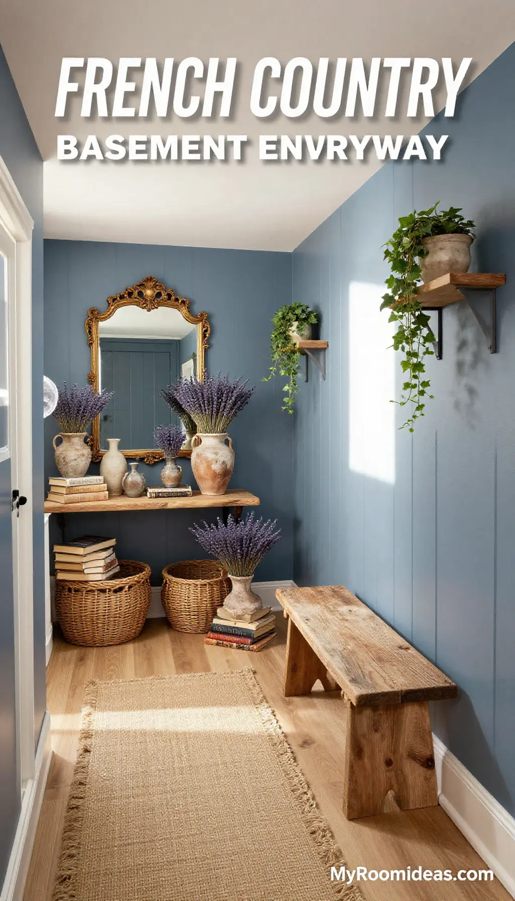 Calming French Country Entryway in a Narrow Basement Oasis