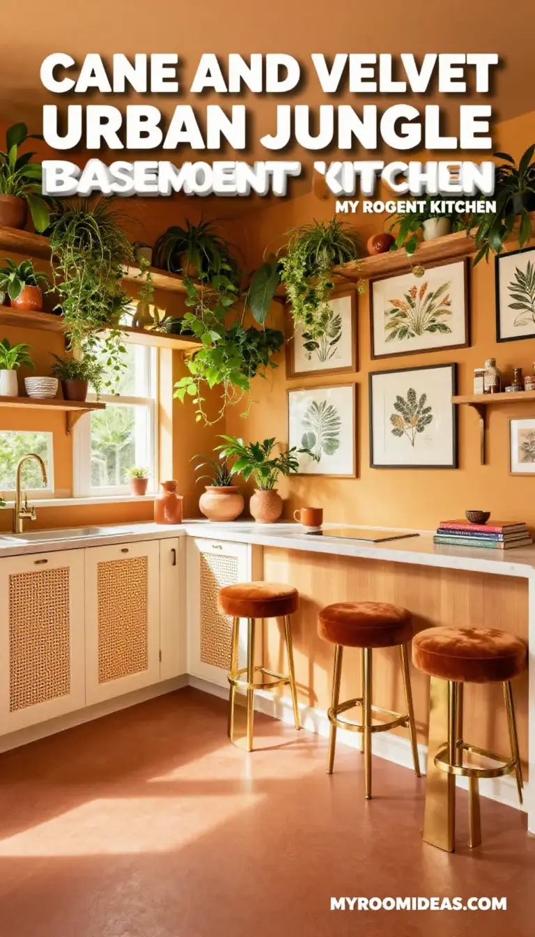 Cane & Velvet Urban Jungle Basement Kitchen - Dopamine Decor on a $500 Budget