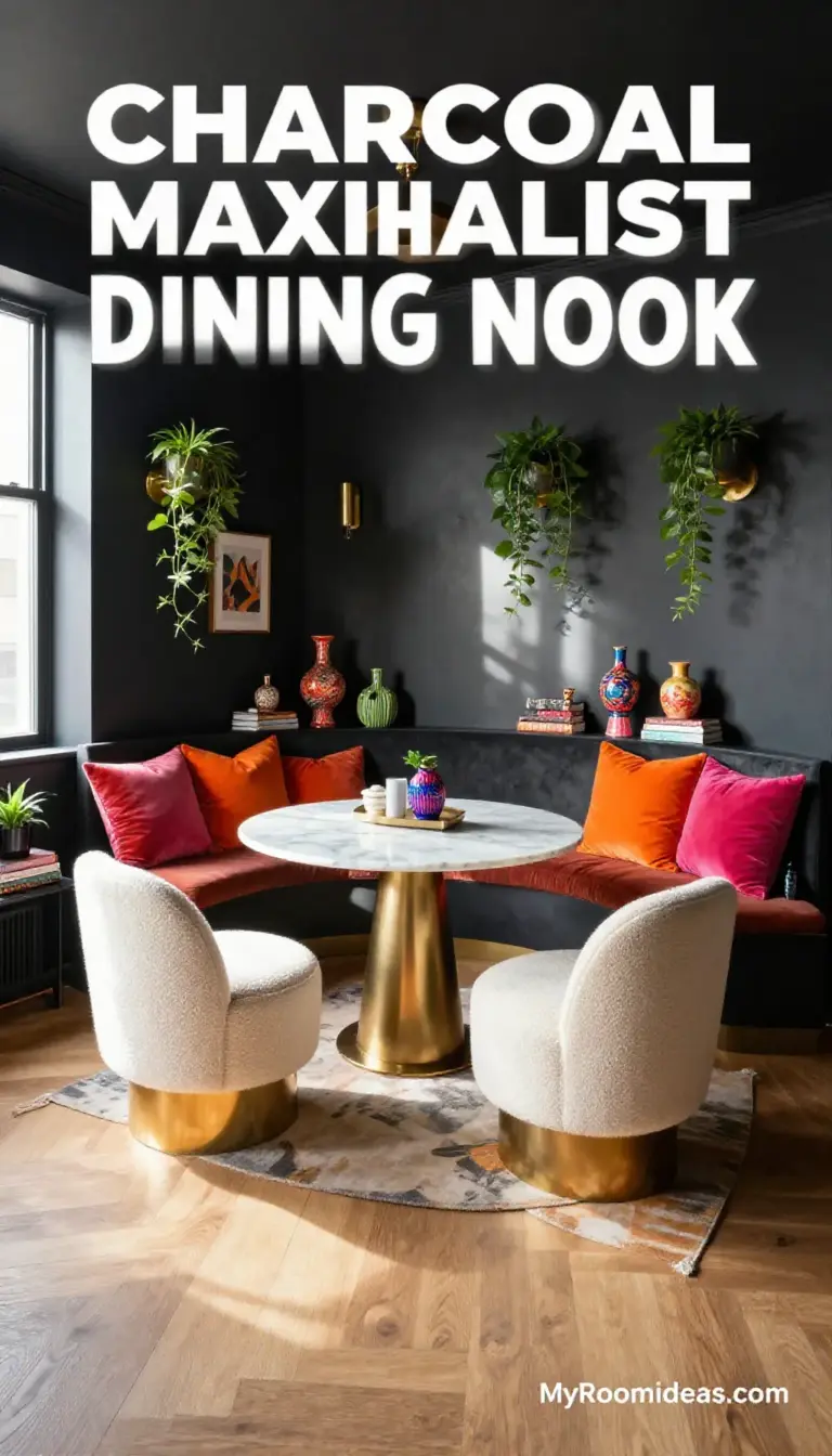 Charcoal Maximalist Dining Nook with Bouclé Poufs for Cozy Studio Apartment