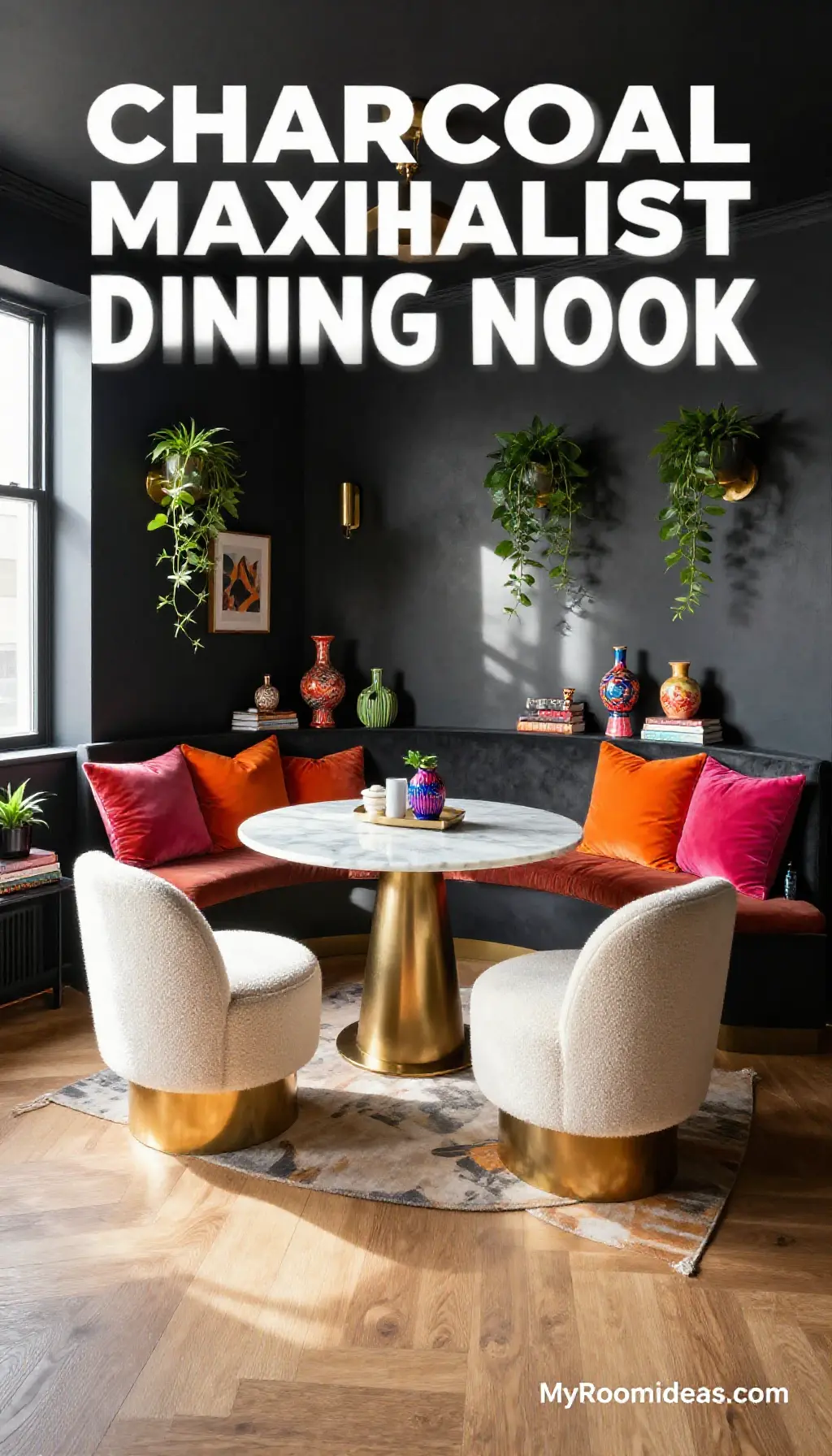 Charcoal Maximalist Dining Nook with Bouclé Poufs for Cozy Studio Apartment