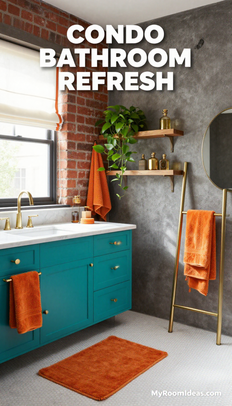 Condo Bathroom Refresh: Teal Vanity, Brass Accents, and Cozy Chenille