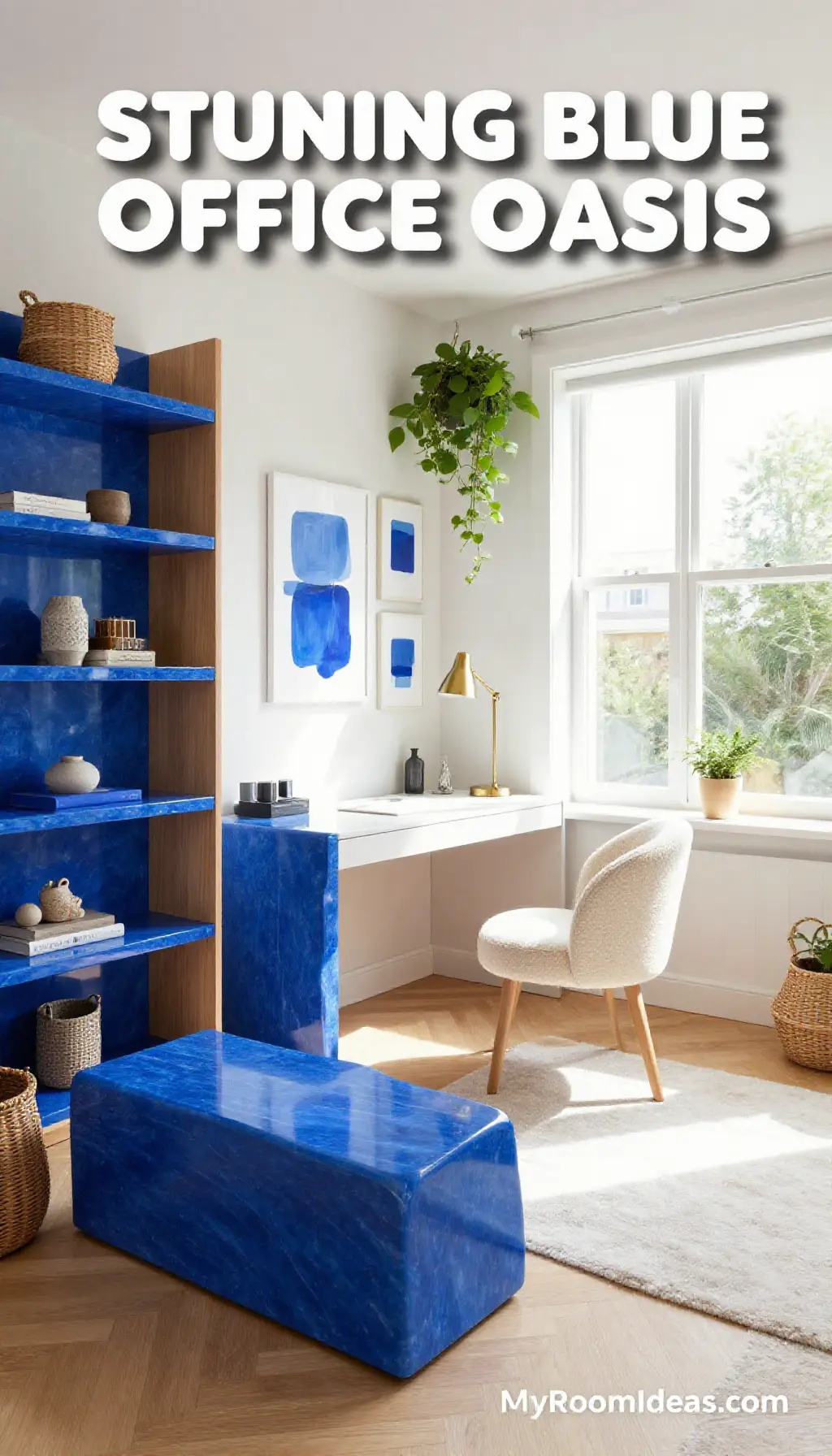 Condo Home Office Oasis: Santorini Blue Resin Shelves & Gallery Wall