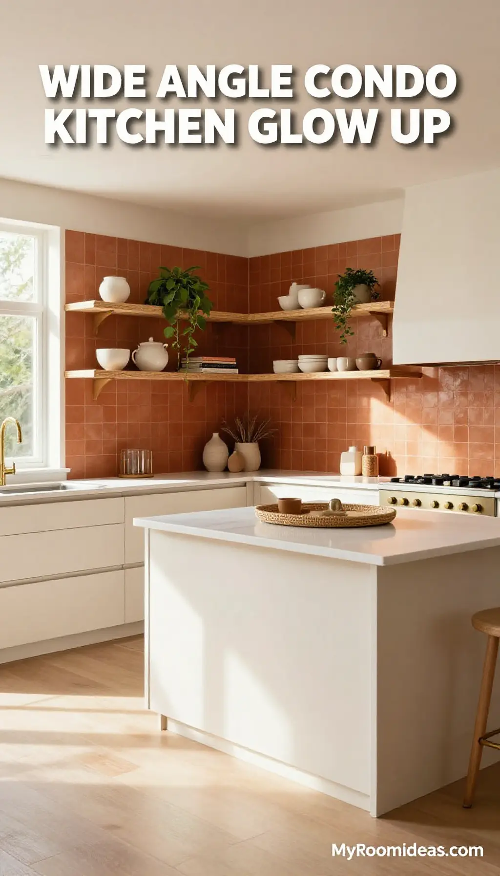 Condo Kitchen Glow-Up: Caramel Terracotta Tiles & Rattan Open Shelving