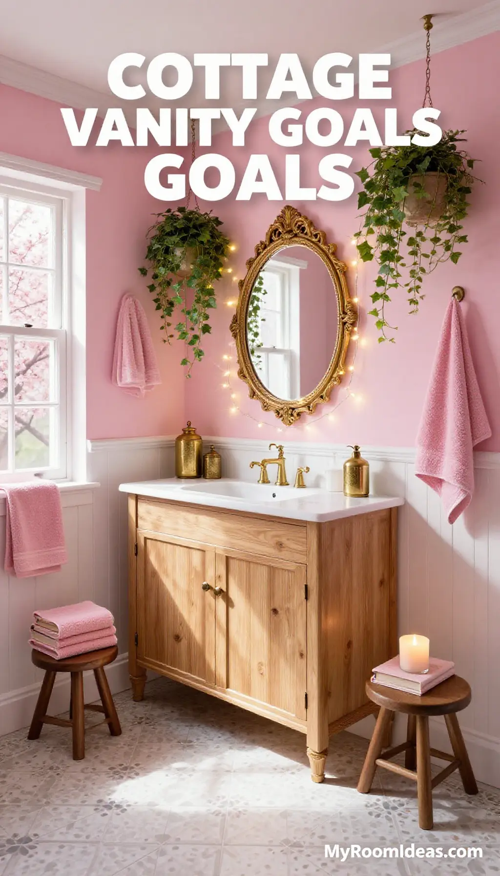 Cottage Fairy Lights & Fluted Wood Vanity for Small Bathrooms