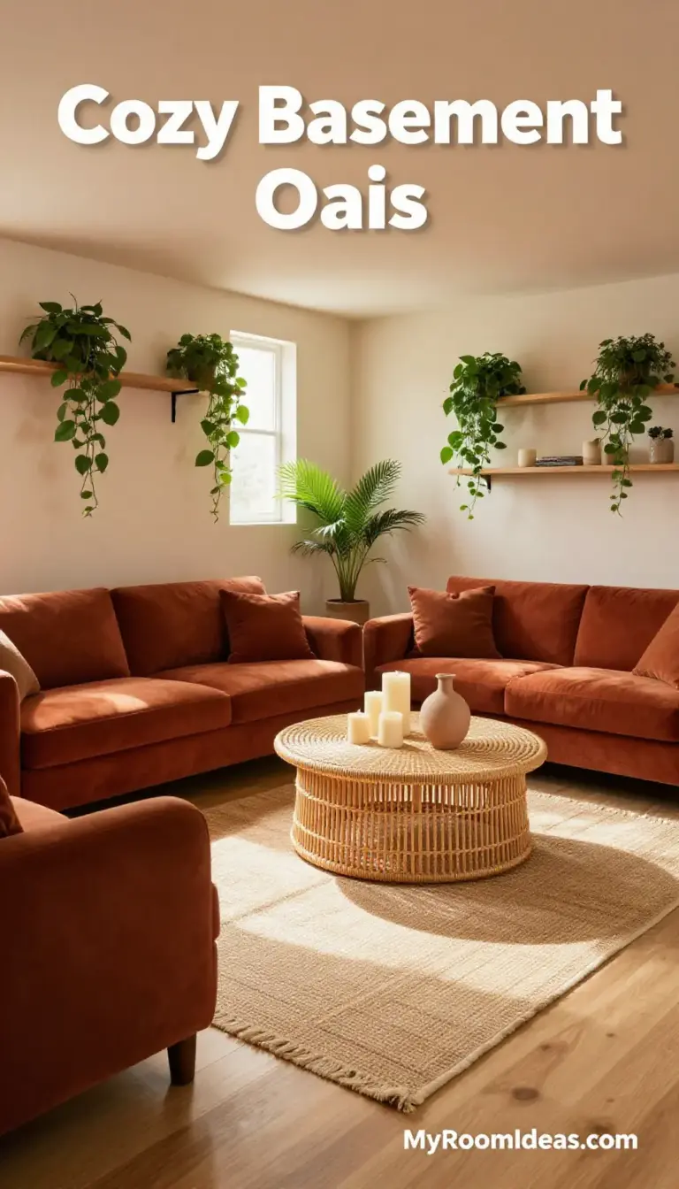 Cozy Basement Oasis: Warm Minimalist Living with Terracotta Accents