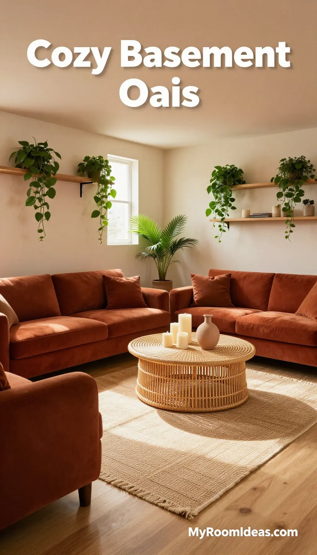 Cozy Basement Oasis: Warm Minimalist Living with Terracotta Accents