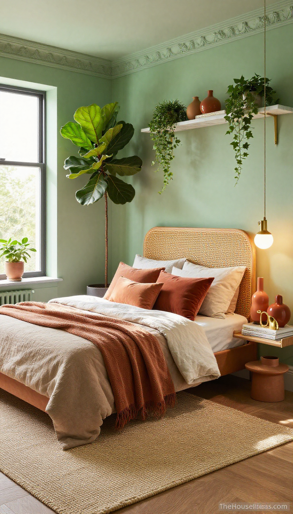 Bedroom interior design with terracotta and rattan