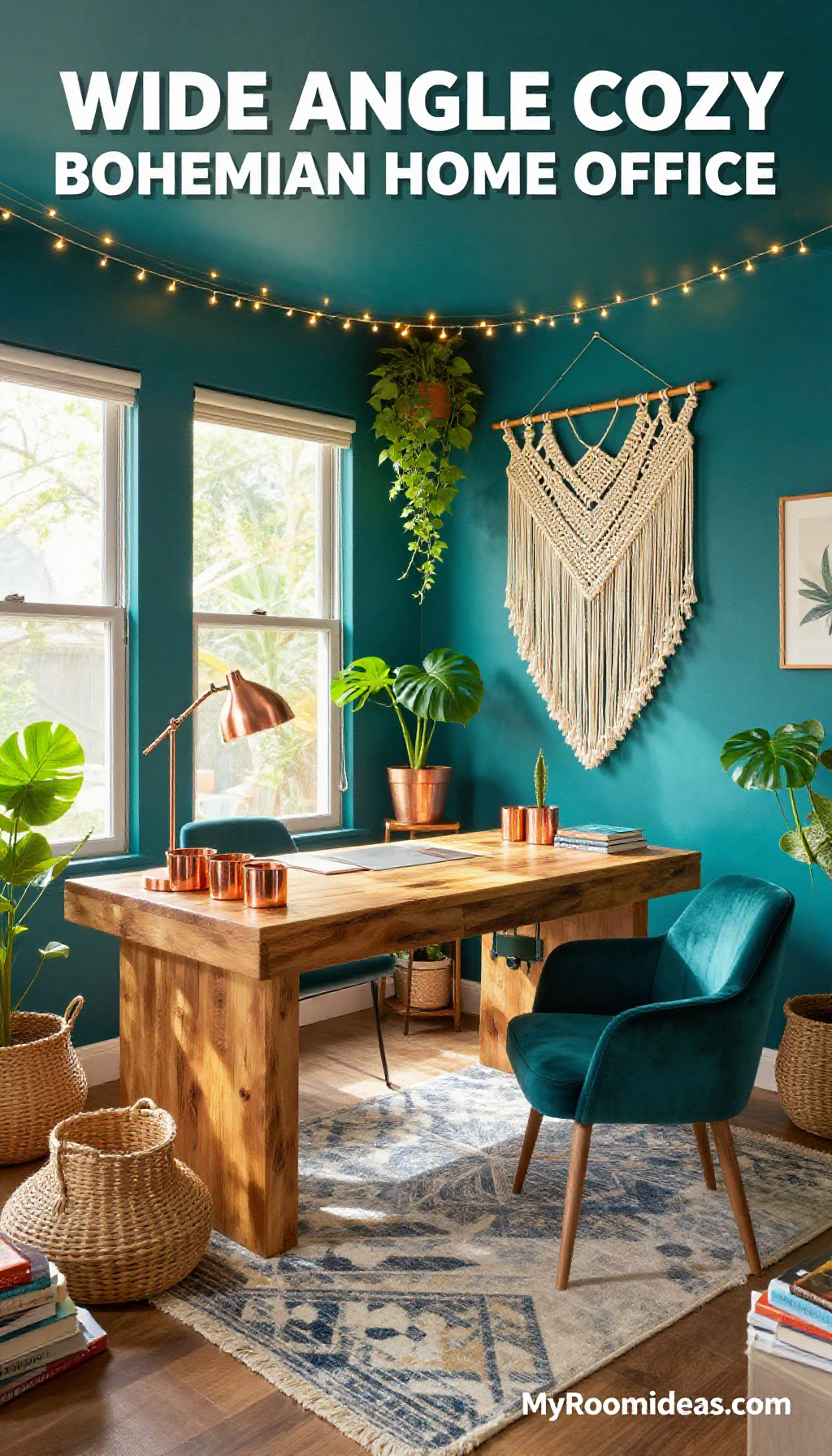 Cozy Bohemian ADU Home Office with Macramé and Copper Accents