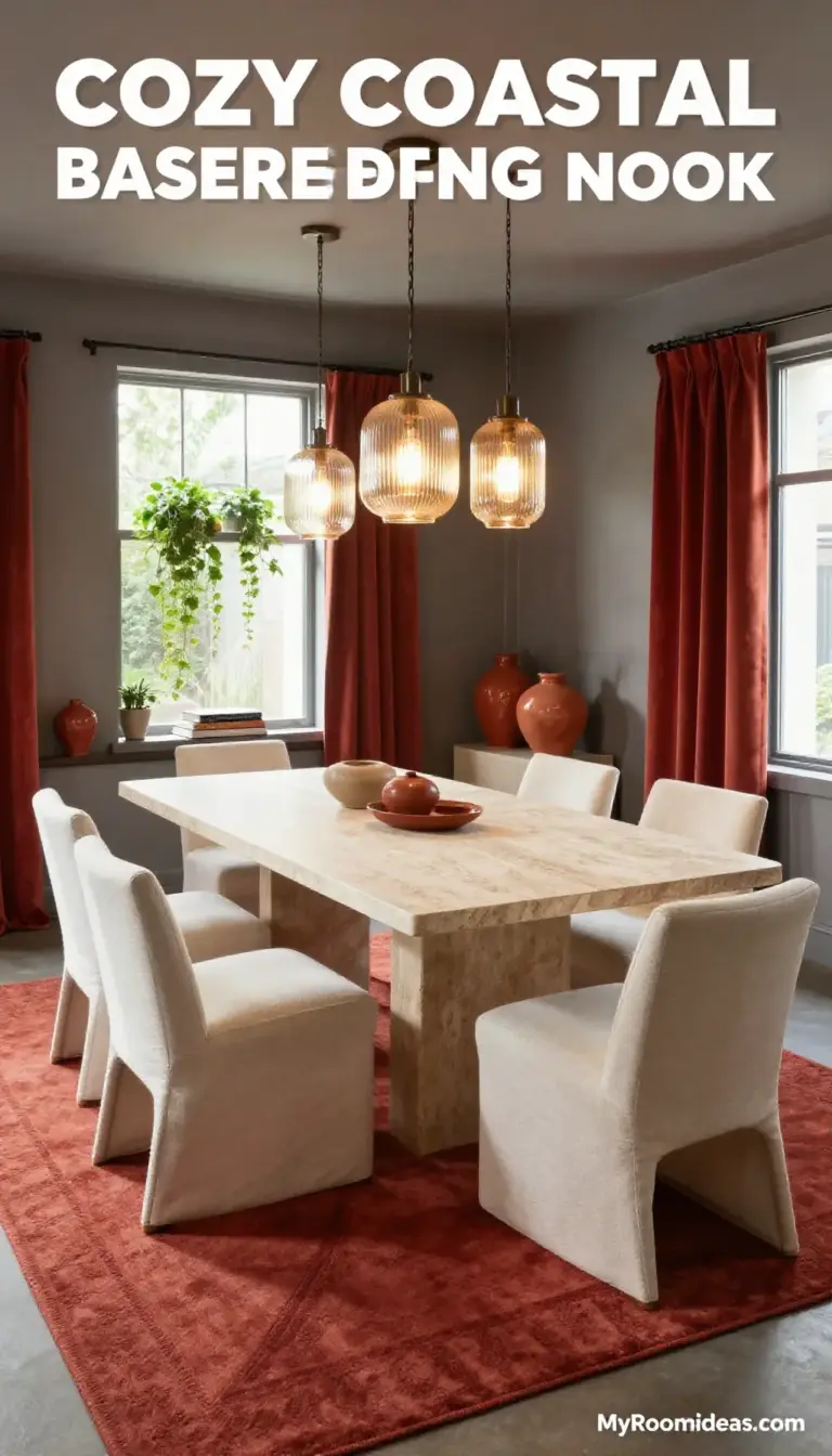 Cozy Coastal Chic Basement Dining Nook - Travertine Table & Linen Chairs