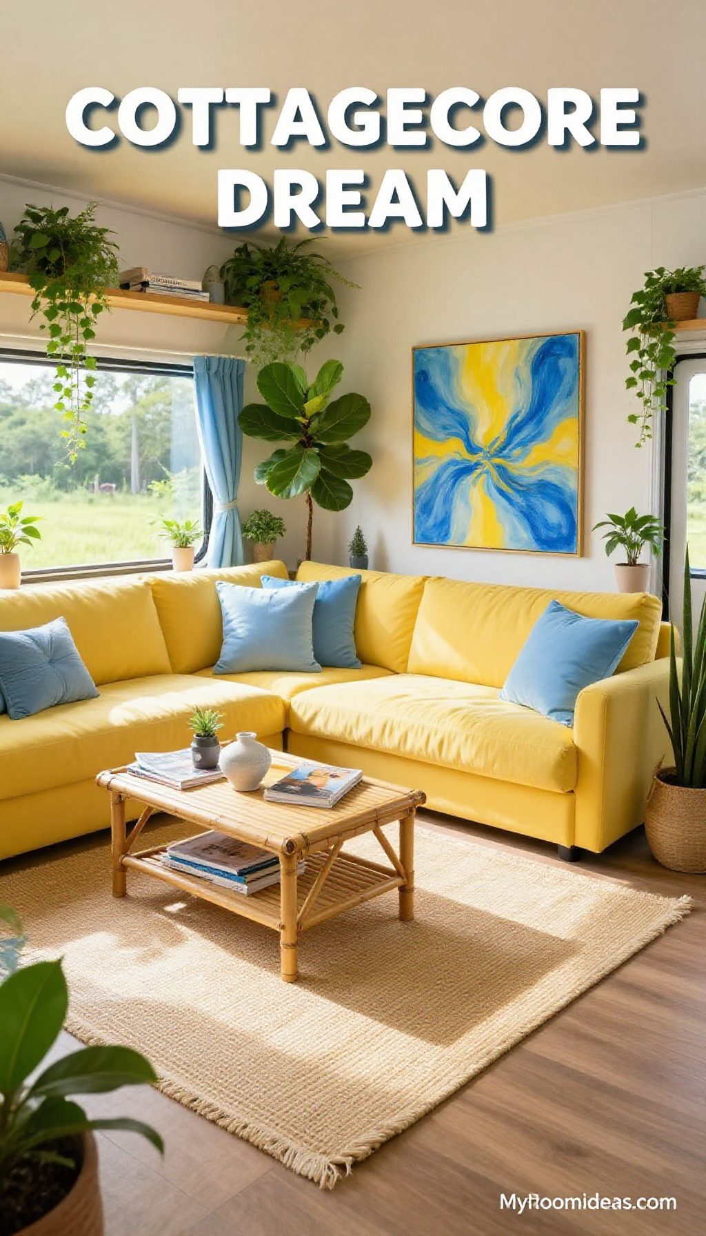 Cozy Cottage-Core Biophilic Living Room in Butter Yellow & Sky Blue