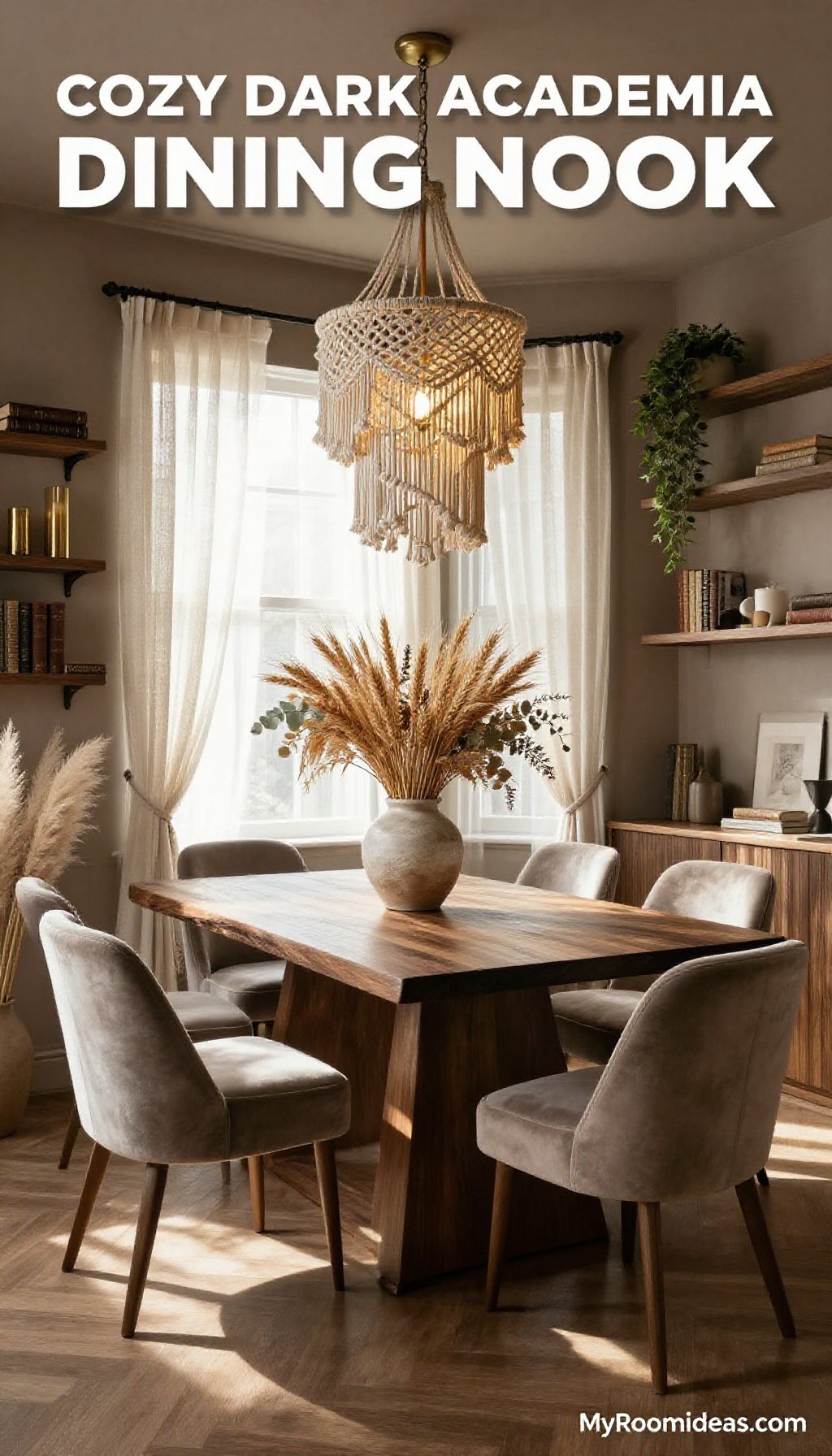 Cozy Dark Academia Dining Nook - Macramé Chandelier & Dried Floral Centerpiece