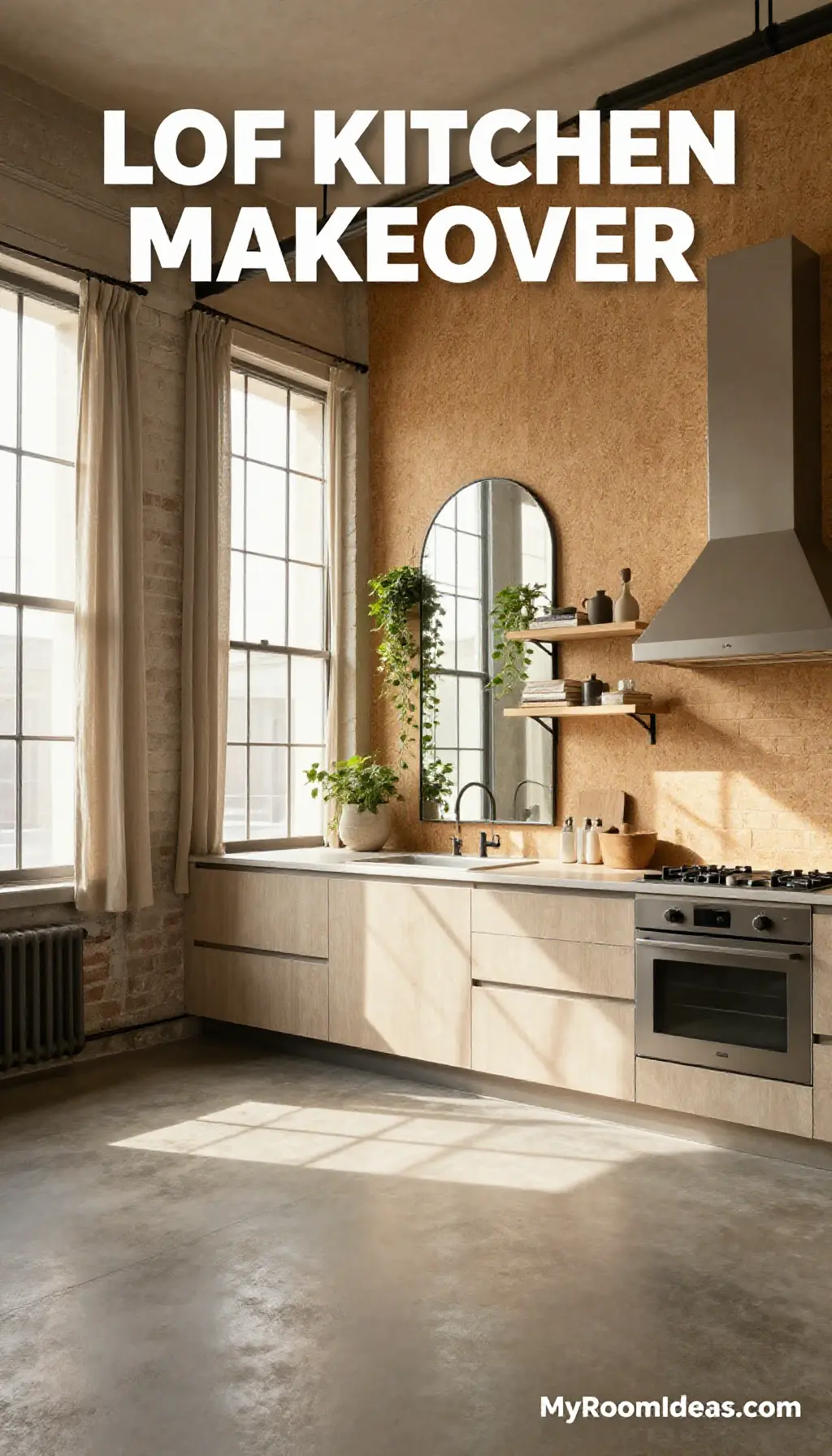 Cozy Industrial Loft Kitchen Makeover with Warm Greige Cork & Linen Accents