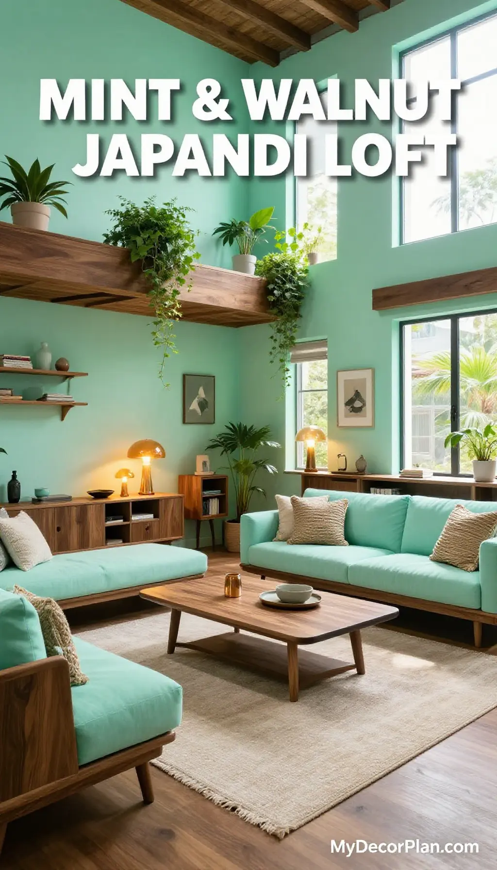 Cozy Japandi Loft Living Room - Mint & Walnut Hygge Hideaway on a Budget