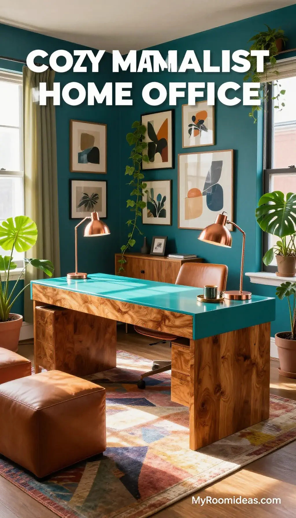Cozy Maximalist Home Office Oasis with Teal Burl Wood Desk & Copper Accents