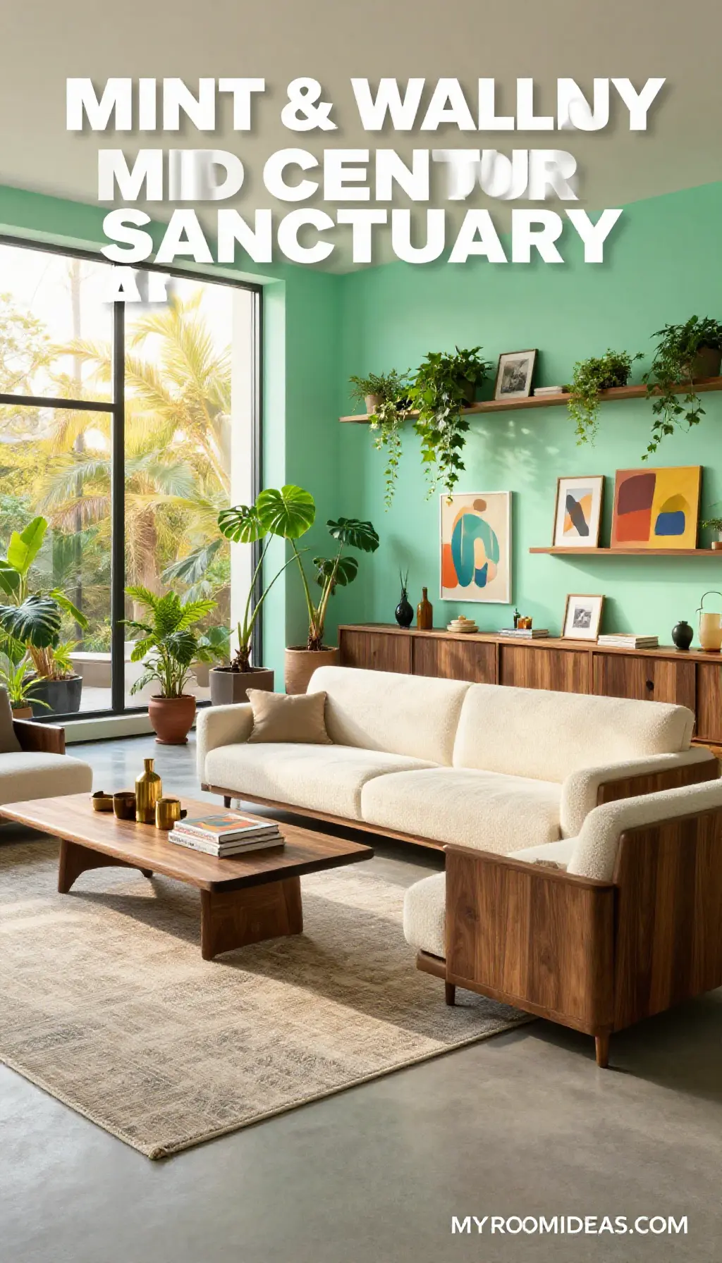 Cozy Mid-Century Apartment Living Room with Concrete & Bouclé Accents