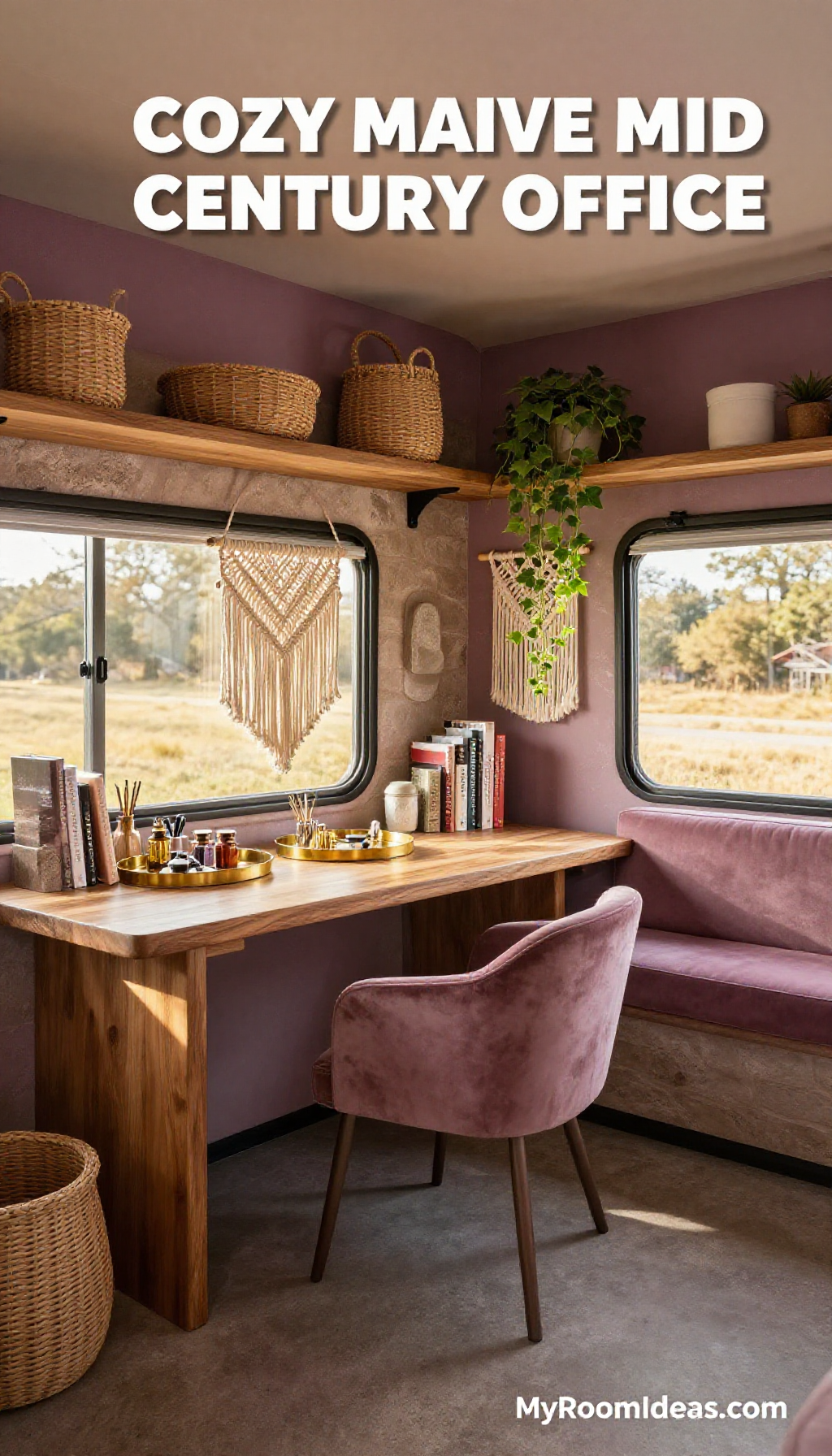 Cozy Mid-Century Home Office in a Mobile Home with Handwoven Accents