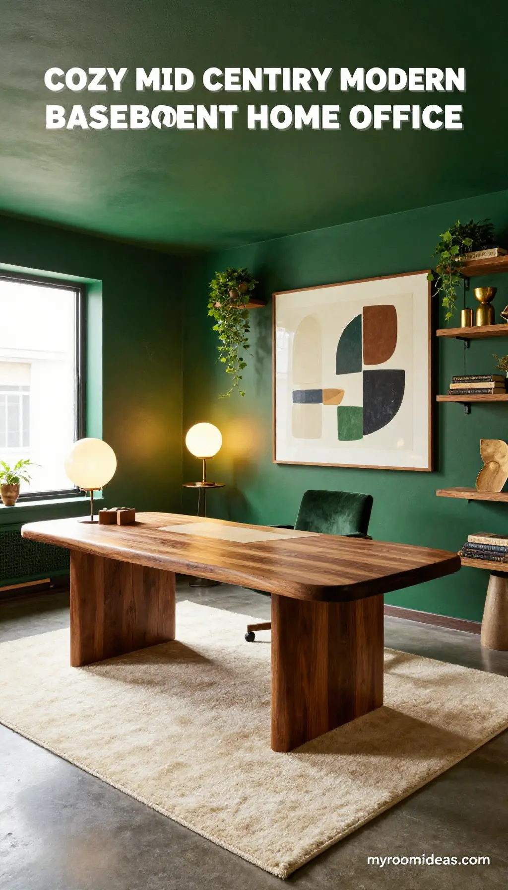 Cozy Mid-Century Modern Basement Home Office with Teak & Alabaster Accents
