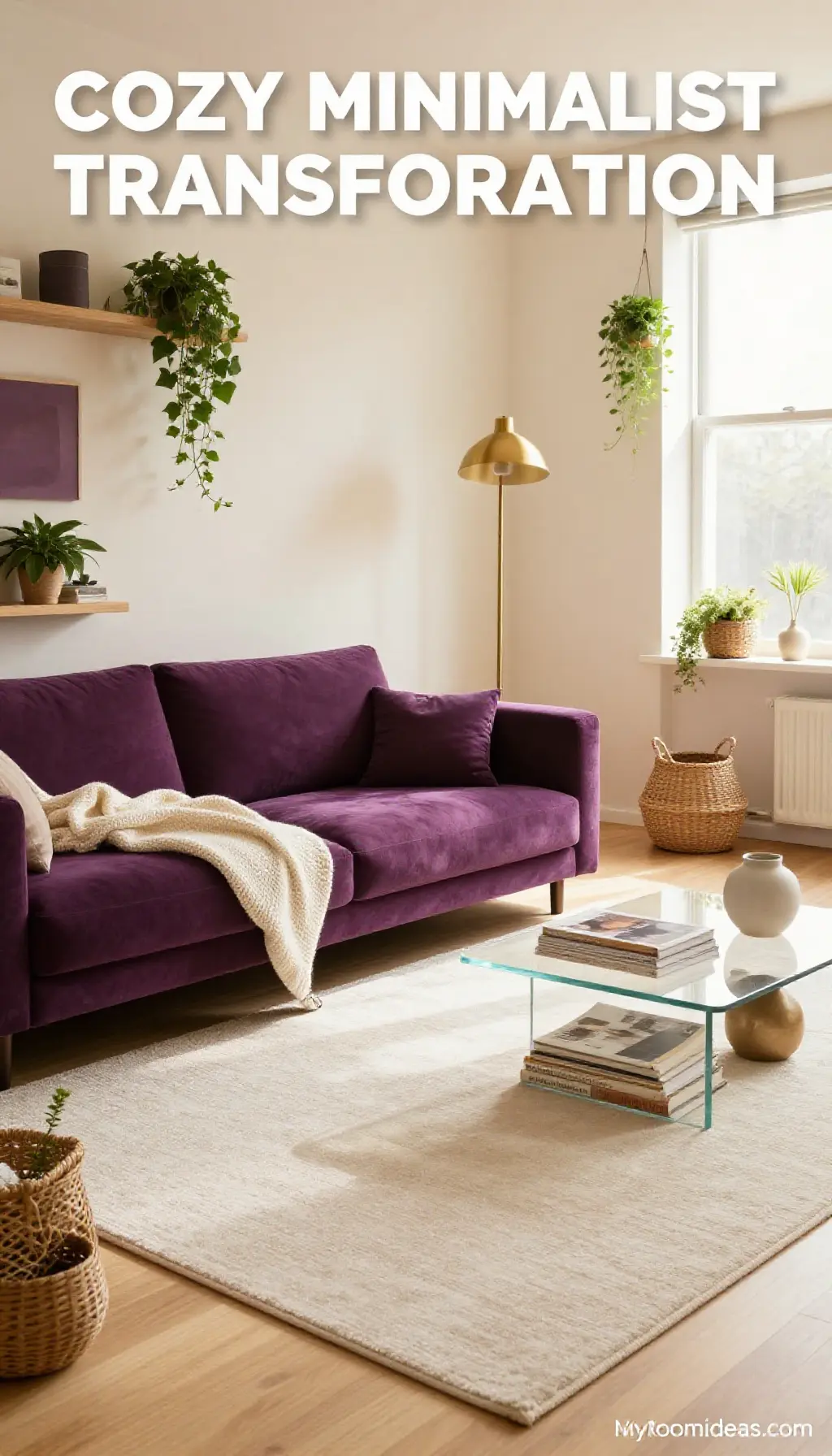 Cozy Minimalist Living Room Transformation with Berry Chenille & Rattan