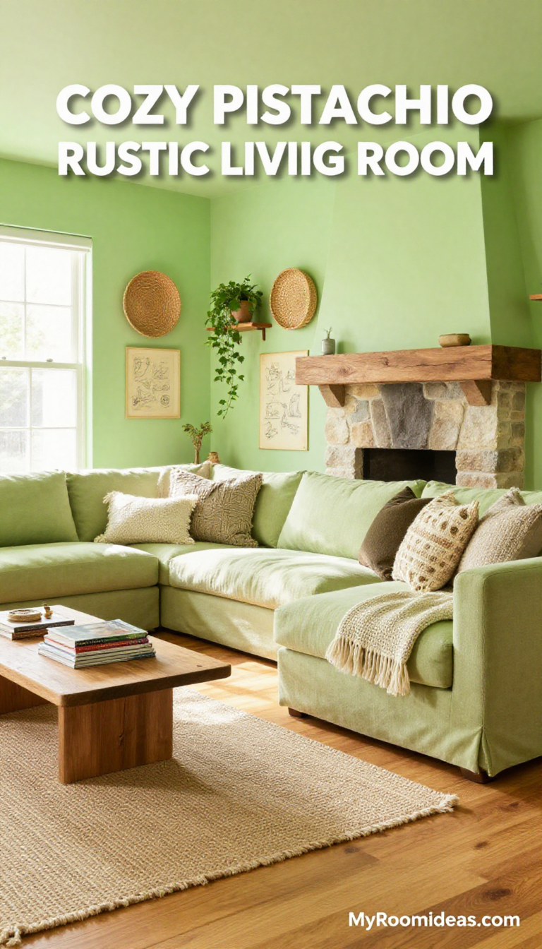 Cozy Pistachio L-Shaped Living Room with Rustic Handwoven Accents