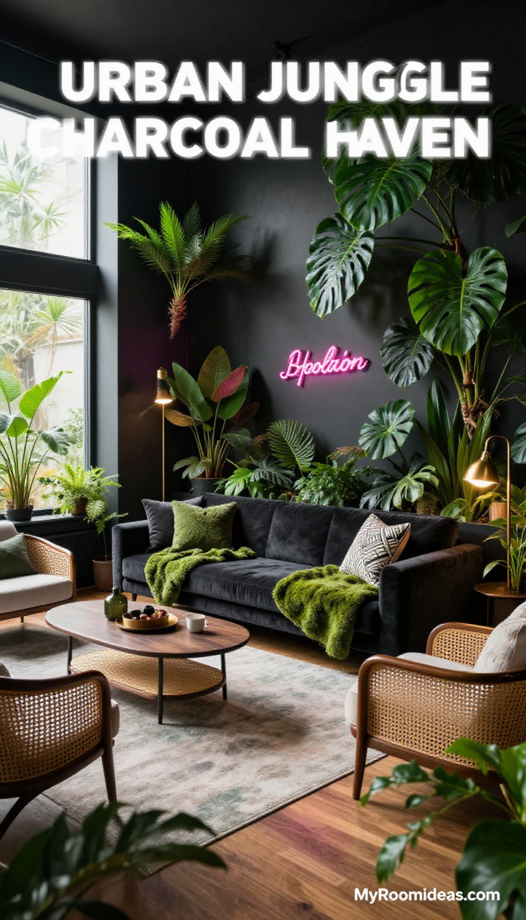Cozy Urban Jungle ADU Living Room with Charcoal Cane & Velvet Accents