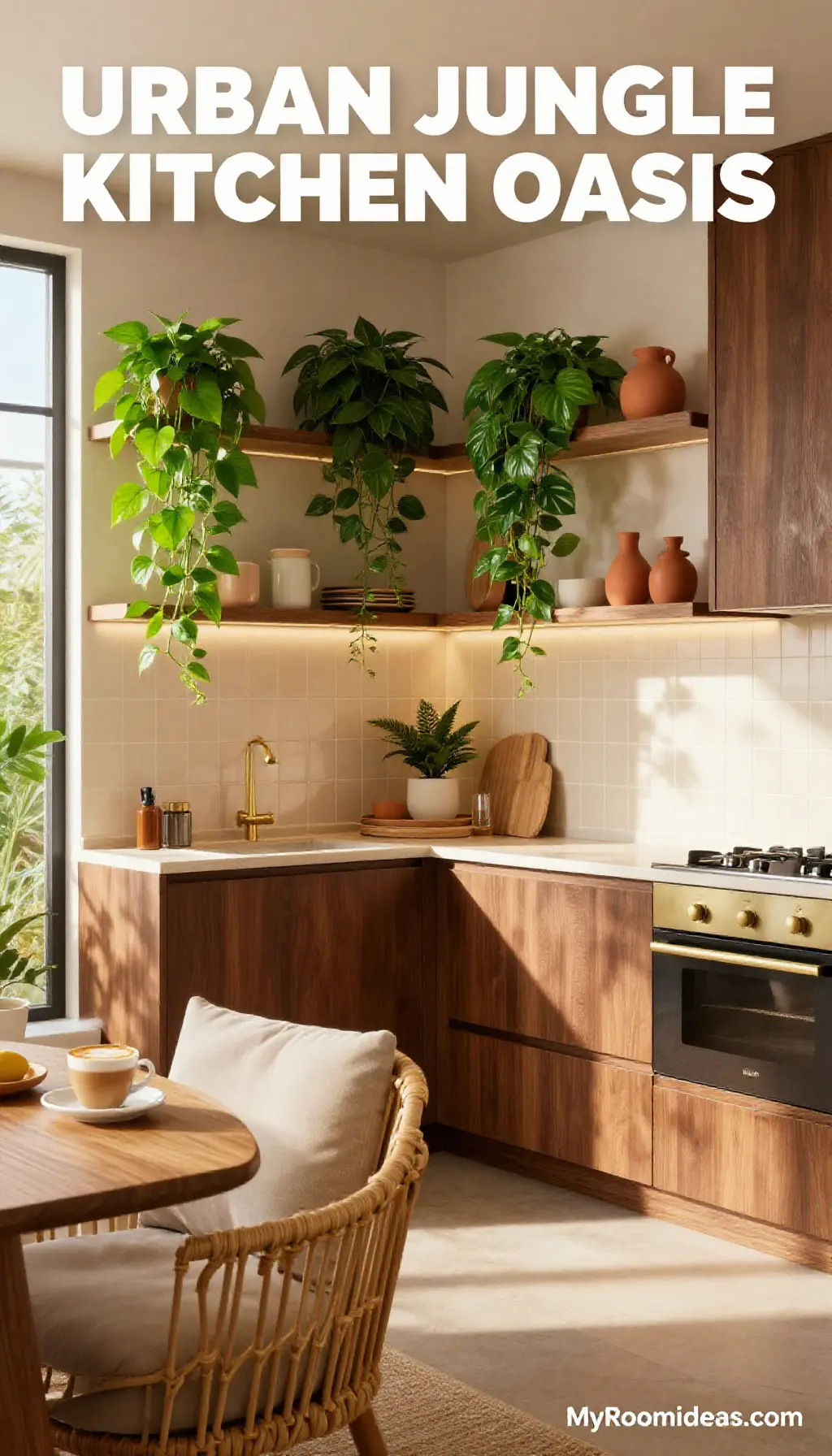 Cozy Urban Jungle Kitchen Oasis with Rattan Accents & Dopamine Decor