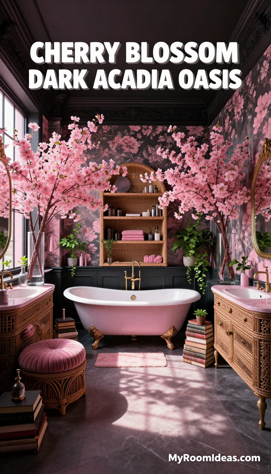 Dark Academia Basement Bathroom Oasis with Wicker & Cherry Blossom Accents