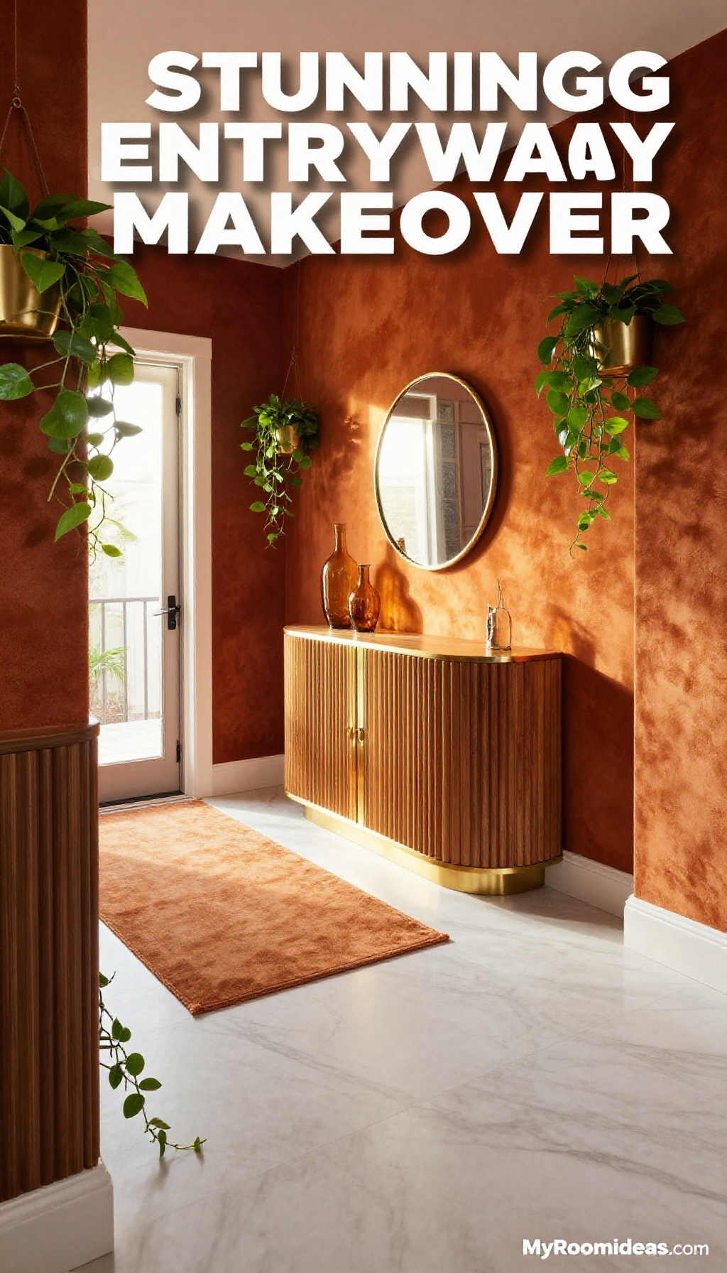 Decluttered Bungalow Entryway Transformed with Fluted Wood & Brass Curved Furniture