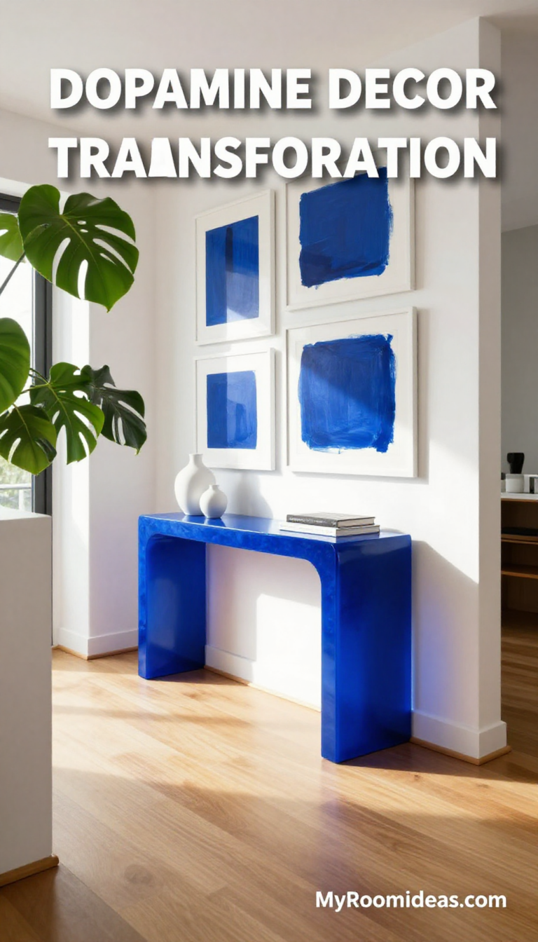 Dopamine Decor Entryway Transformation: Cobalt Blue Resin Console & Oversized Gallery Wall