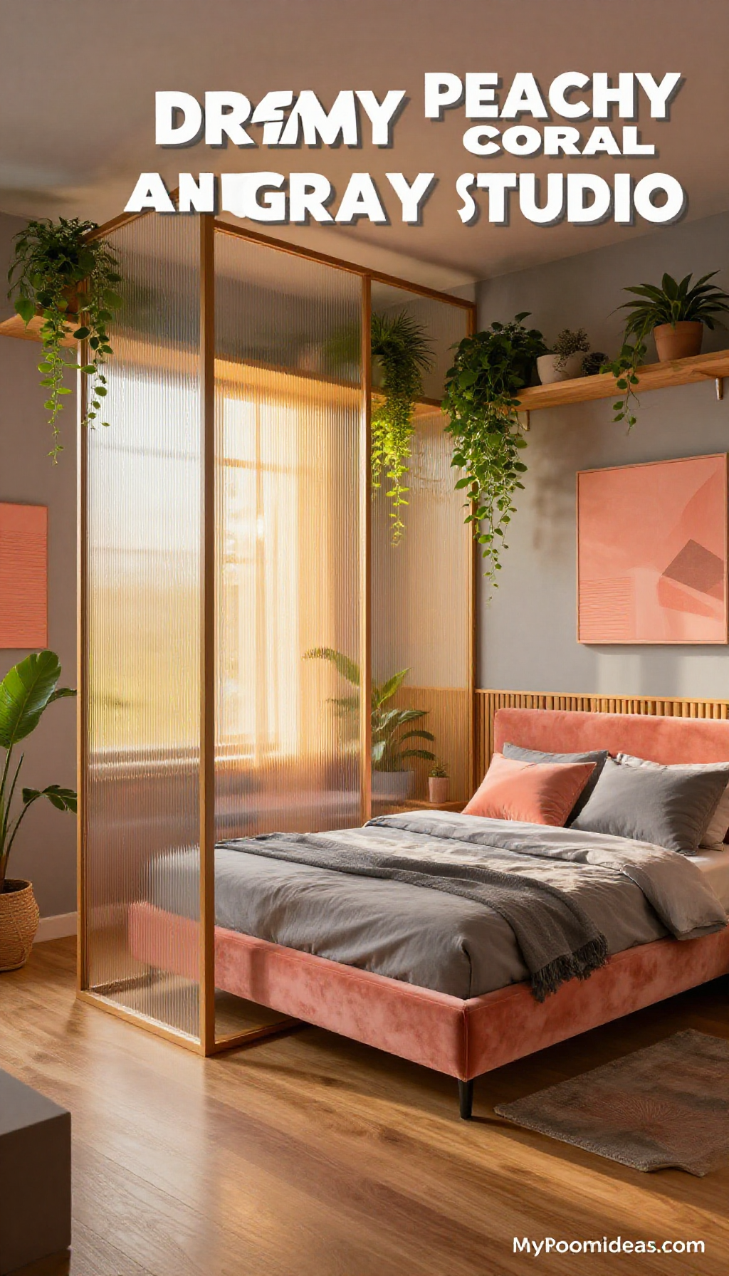 Dreamy Cottage-Inspired Studio Bedroom Oasis in Peachy Coral & Gray