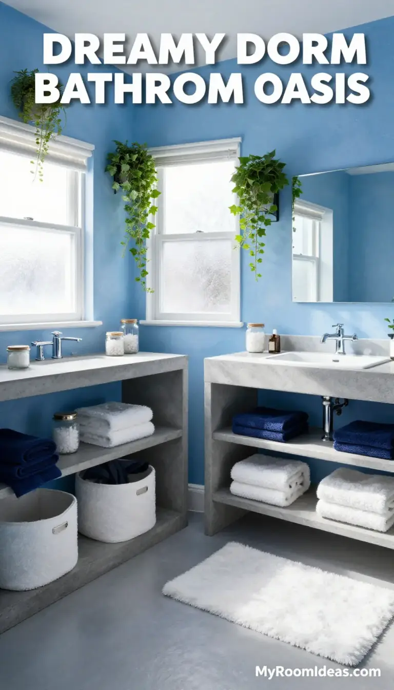 Dreamy Dorm Bathroom Oasis: Concrete Shelves & Bouclé Accents
