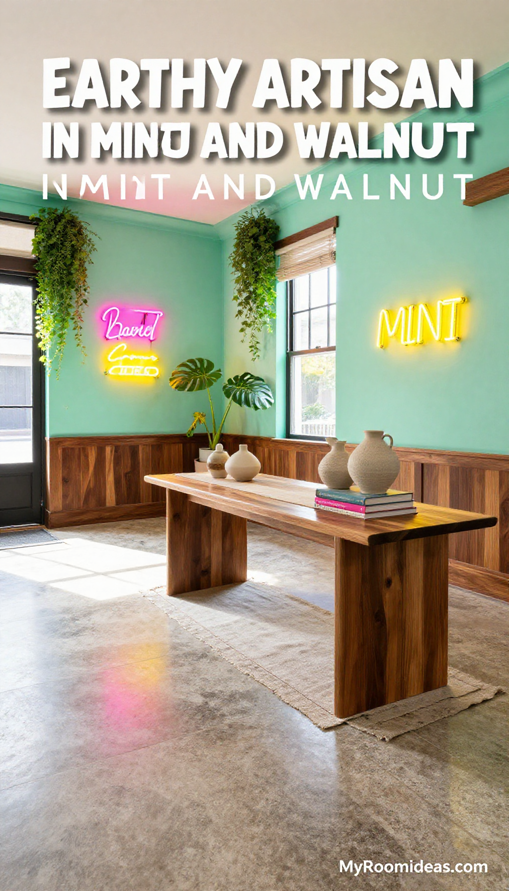 Earthy Artisan Entryway in Mint & Walnut with Neon Signs