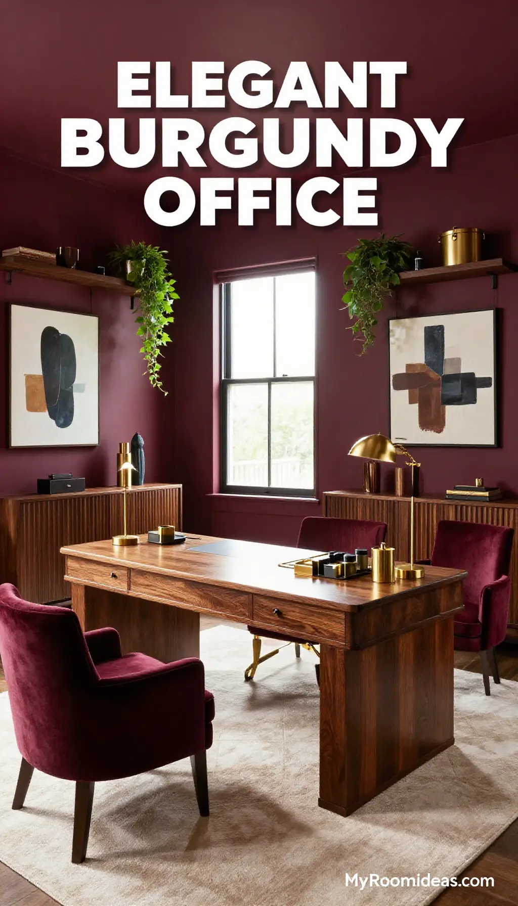 Elegant Studio Home Office with Fluted Wood Accent Ledges & Brass Accents