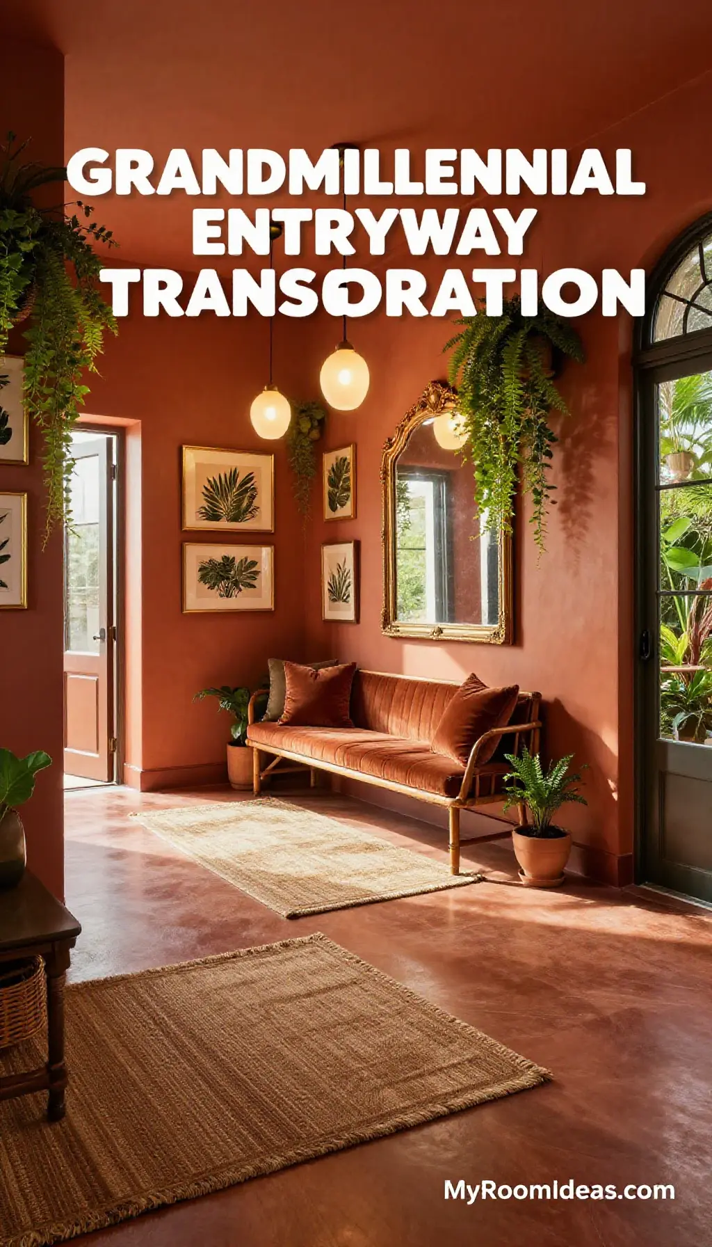 Grandmillennial Condo Entryway Transformation - Teak Bench & Alabaster Pendant Lights