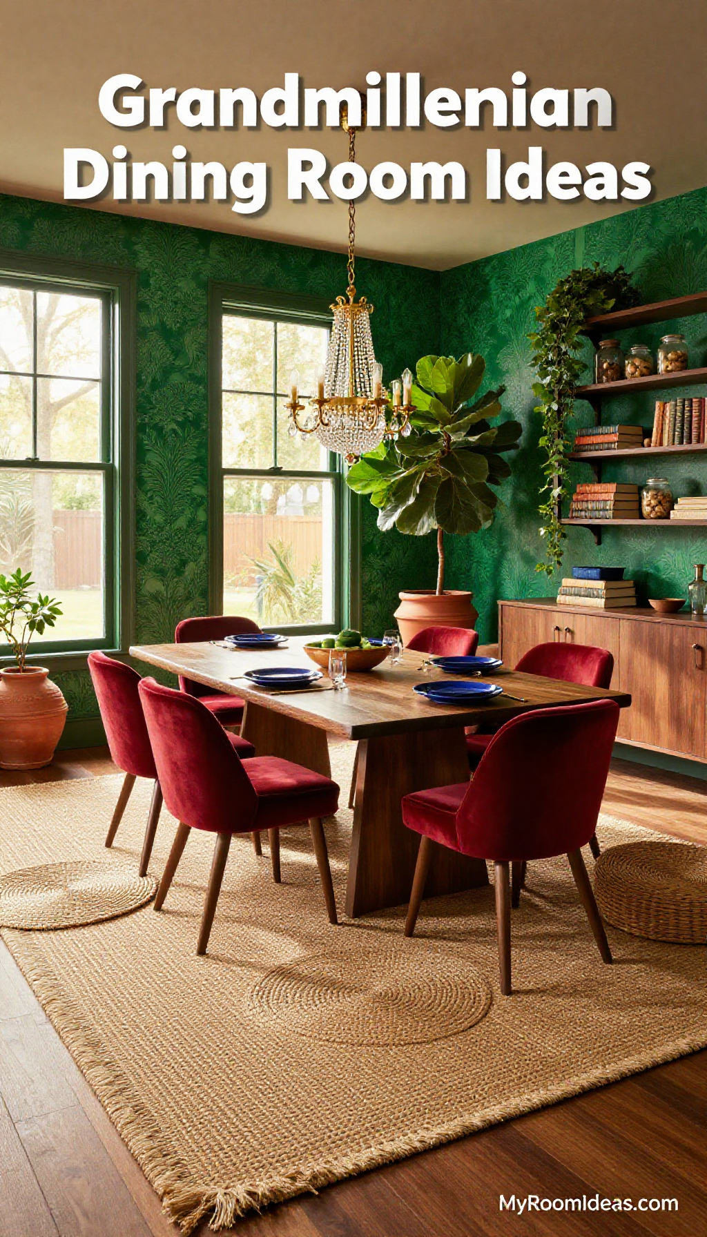 Grandmillennial Jewel-Toned Dining Room with Terracotta Accents & Woven Textures
