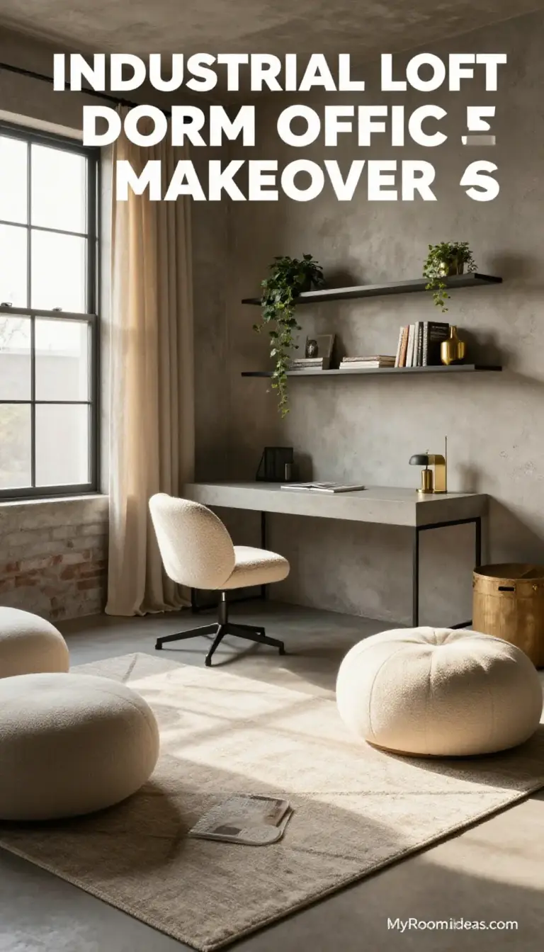 Industrial Loft Dorm Room Office Makeover with Concrete & Bouclé Accents