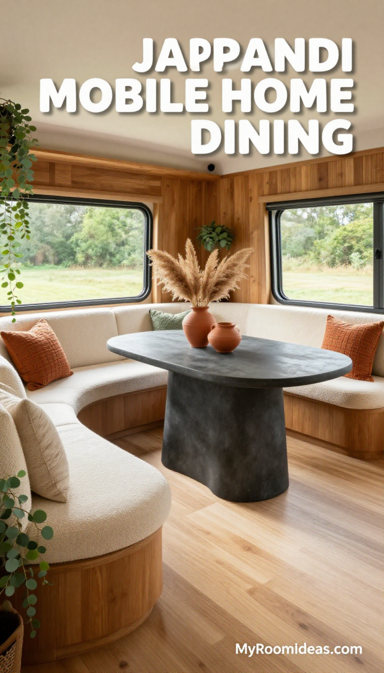 Japandi Galley Dining in a Mobile Home - Bouclé Curved Bench & Concrete Table