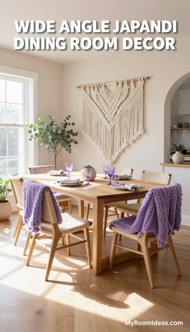 Japandi Townhouse Dining Room with Lavender Accents & Macramé Decor