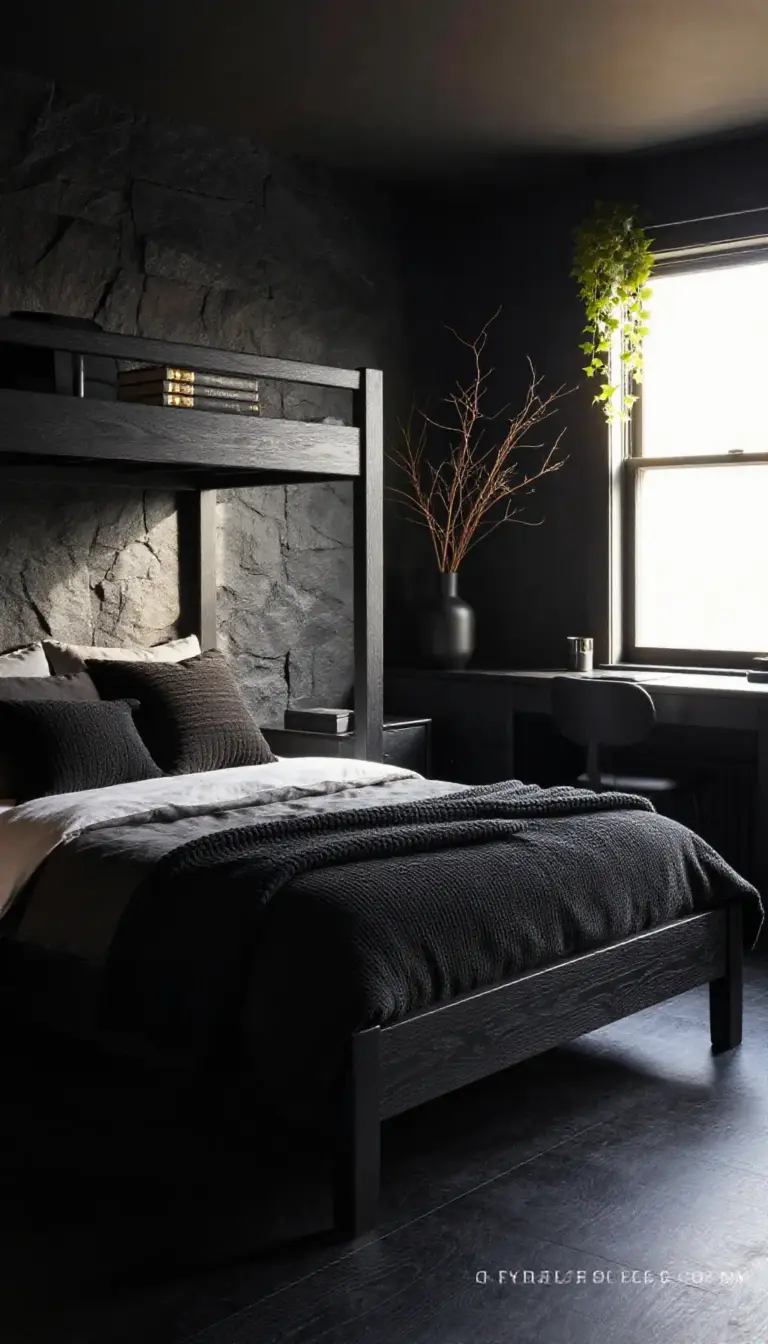 Large Rustic Cabin Dorm Bedroom in Chic Black Monochrome