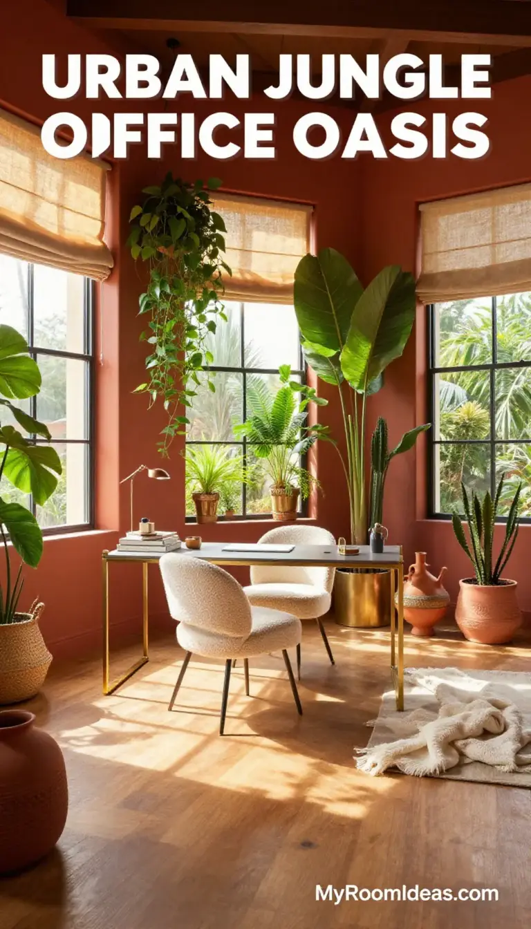 Lofty Urban Jungle Office Oasis: Bouclé, Brass & Roman Shades on a Budget
